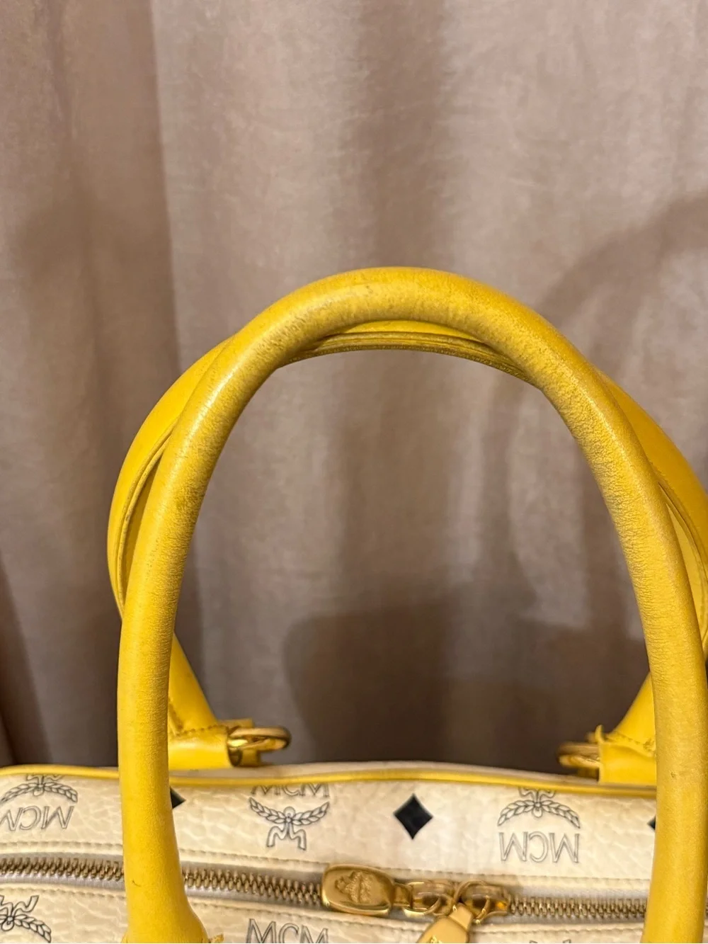 MCM White Visetos Double Pocket Satchel with Yellow Leather Trim